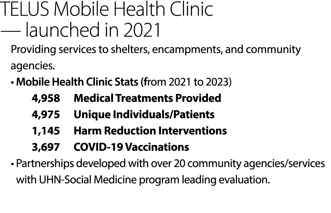 TELUS Mobile Health Clinic — launched in 2021 Providing services to shelters, encampments, and community agencies. • ...