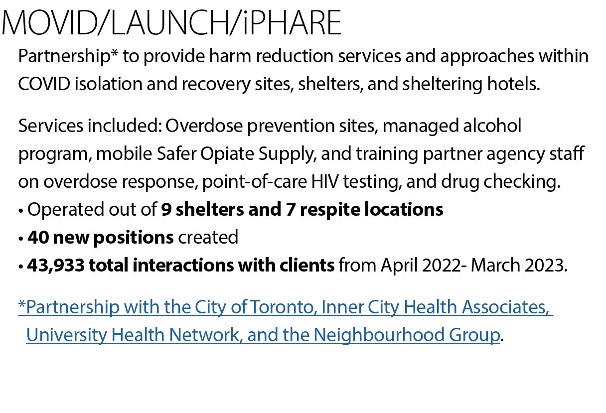 MOVID/LAUNCH/iPHARE Partnership* to provide harm reduction services and approaches within COVID isolation and recover...
