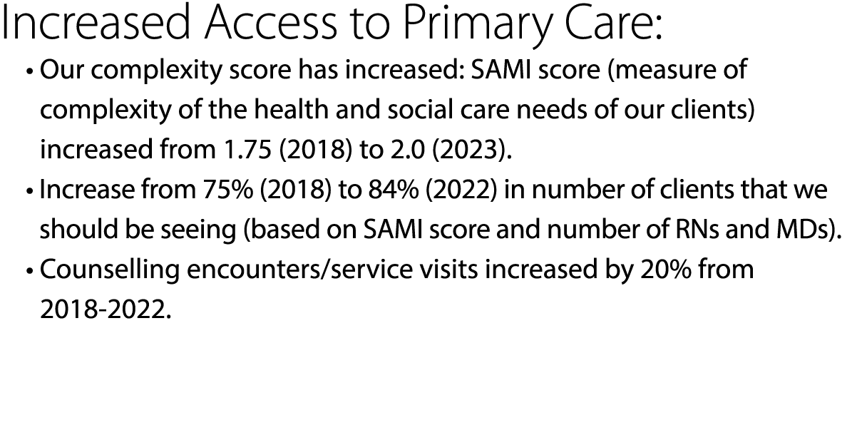 Increased Access to Primary Care: • Our complexity score has increased: SAMI score (measure of complexity of the hea...