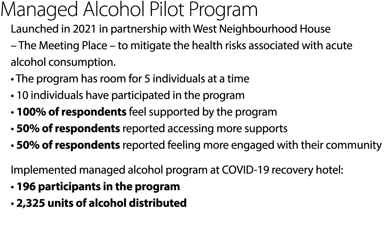 Managed Alcohol Pilot Program Launched in 2021 in partnership with West Neighbourhood House – The Meeting Place – to ...