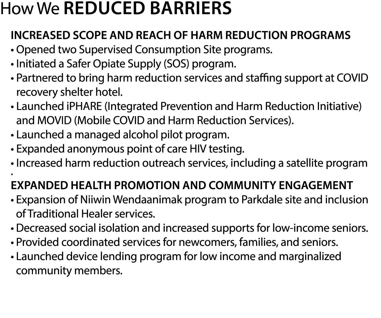 How We ReduceD Barriers Increased scope and reach of Harm Reduction Programs • Opened two Supervised Consumption Site...