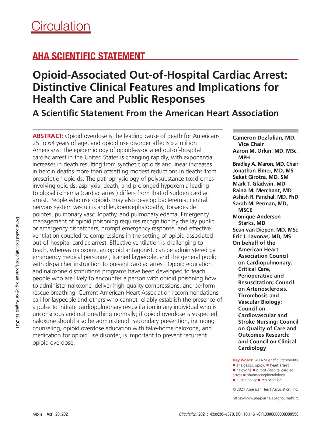 Opioid-Associated Out-of-Hospital Cardiac Arrest: Distinctive Clinical Features and Implications for Health Care and Public Responses — A Scientific Statement From the American Heart Association
