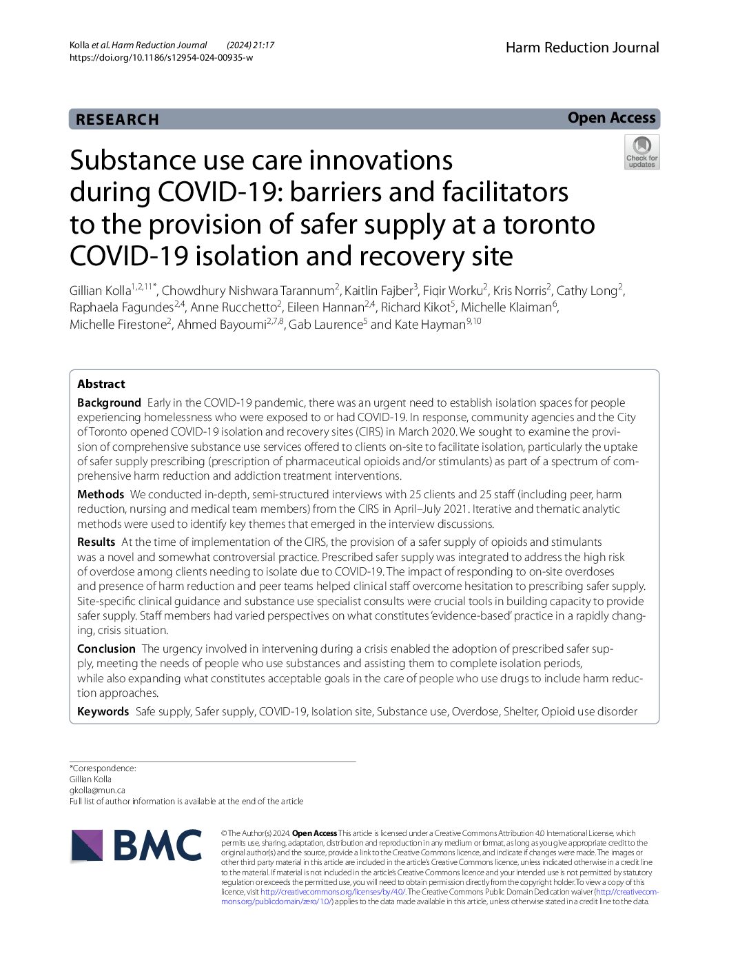 Substance use care innovations during COVID-19: barriers and facilitators to the provision of safer supply at a toronto COVID-19 isolation and recovery site