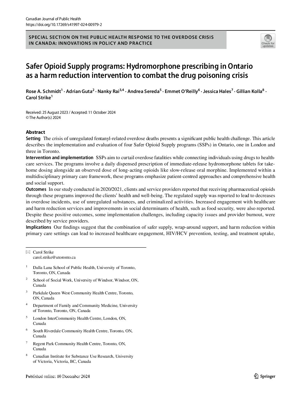 Safer Opioid Supply programs: Hydromorphone prescribing in Ontario as a harm reduction intervention to combat the drug poisoning crisis