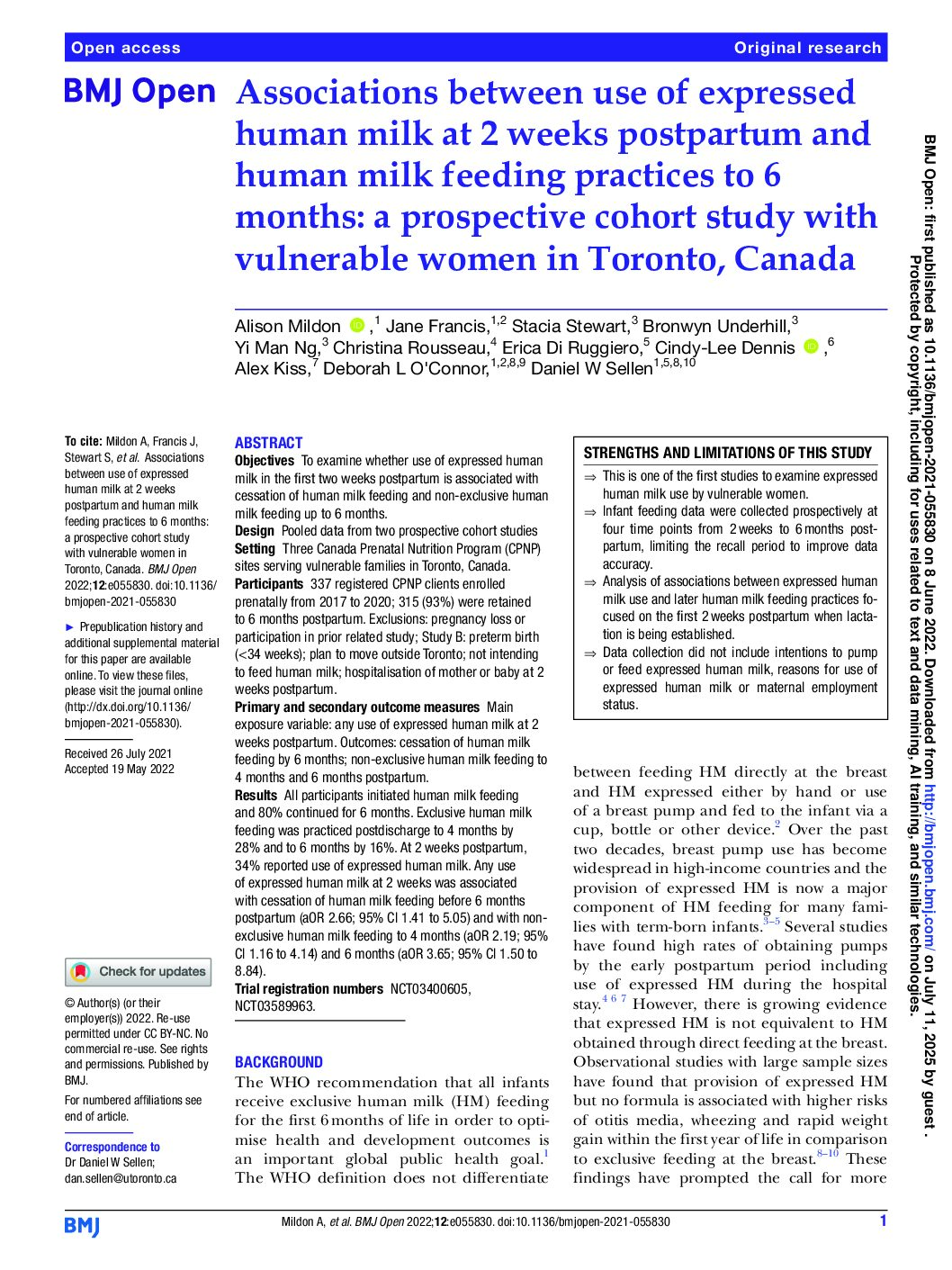 Associations between use of expressed human milk at 2 weeks postpartum and human milk feeding practices to 6 months: a prospective cohort study with vulnerable women in Toronto, Canada