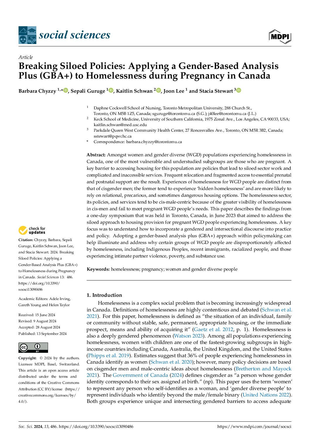 Breaking Siloed Policies: Applying a Gender-Based Analysis Plus (GBA+) to Homelessness during Pregnancy in Canada