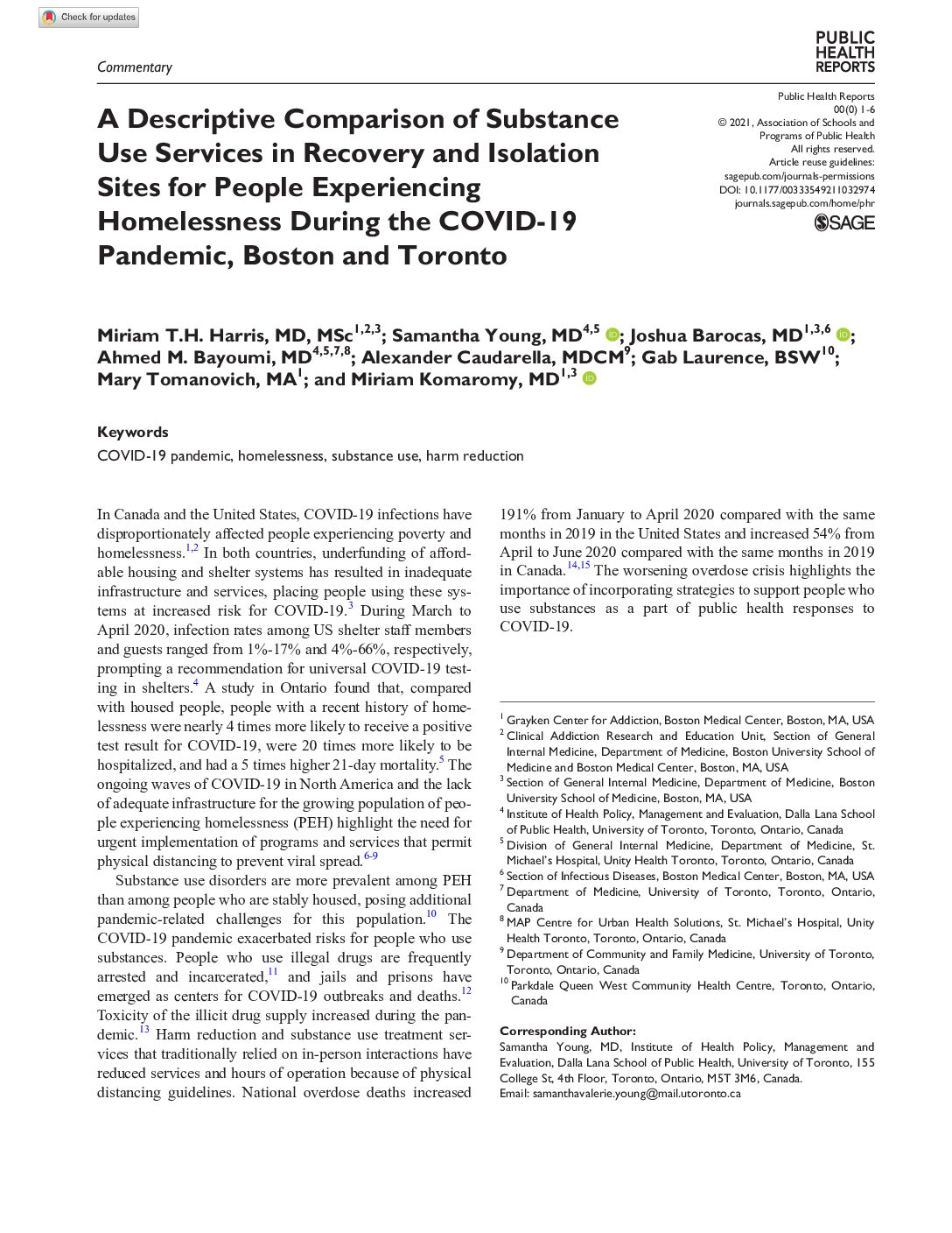 A Descriptive Comparison of Substance Use Services in Recovery and Isolation Sites for People Experiencing Homelessness During the COVID-19 Pandemic, Boston and Toronto