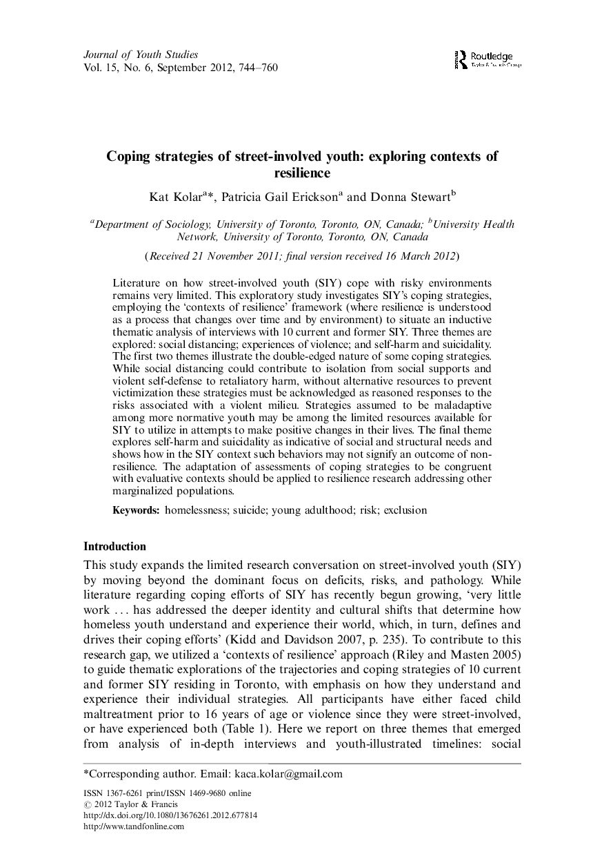 Coping strategies of street-involved youth - Kolar et. al 2012