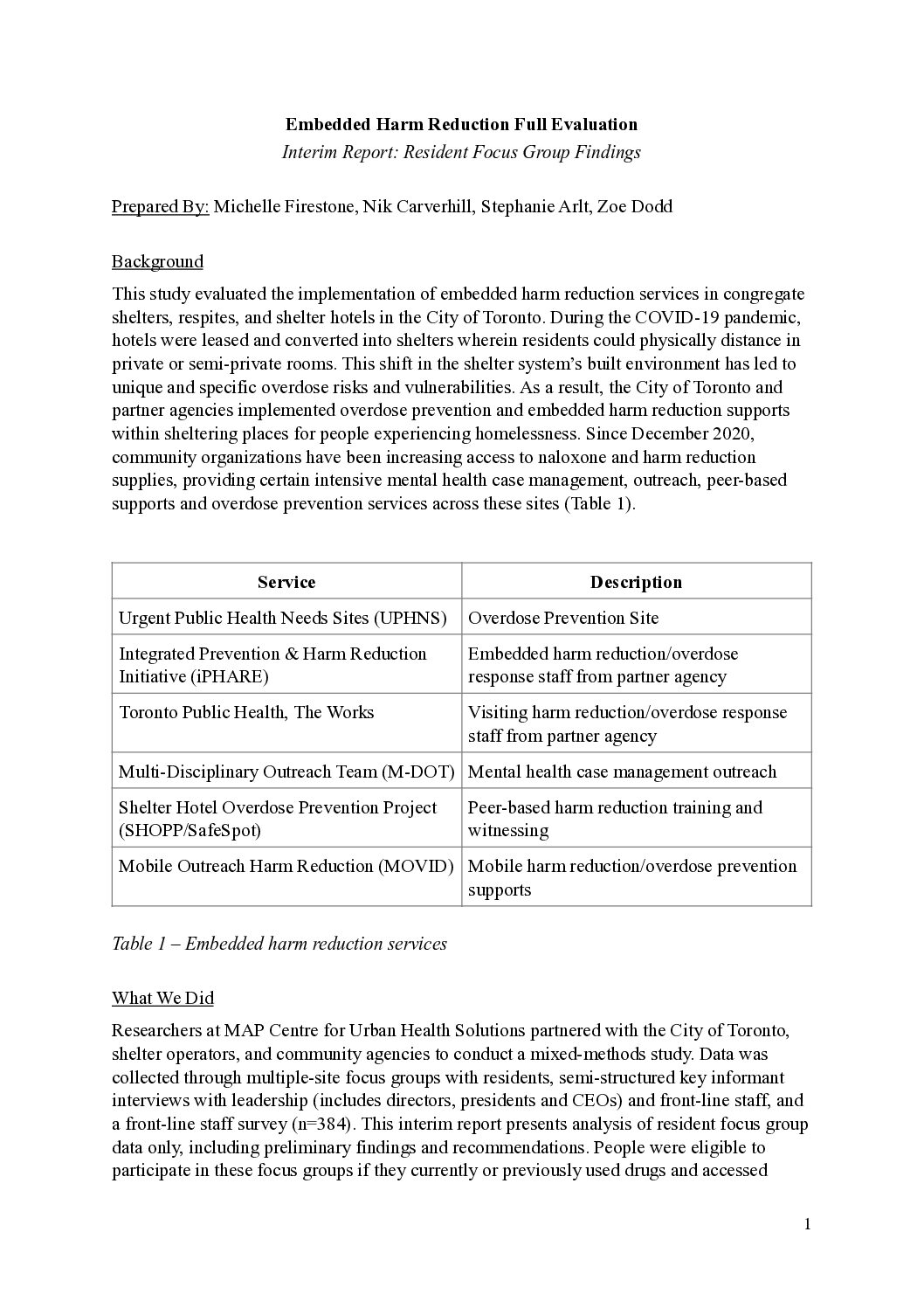 Embedded Harm Reduction Full Evaluation — Interim Report: Resident Focus Group Findings