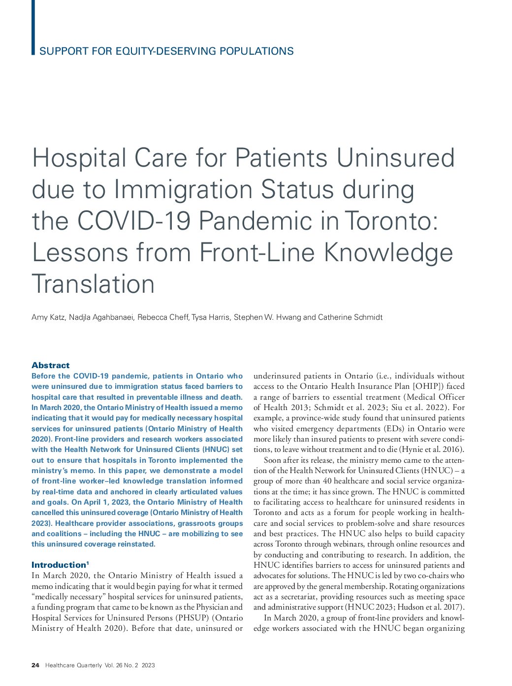 Hospital Care for Patients Uninsured due to Immigration Status during the COVID-19 Pandemic in Toronto