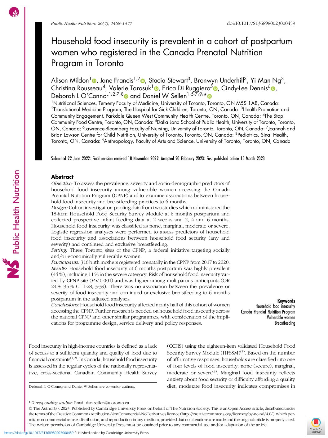 Household food insecurity is prevalent in a cohort of postpartum women who registered in the Canada Prenatal Nutrition Program in Toronto