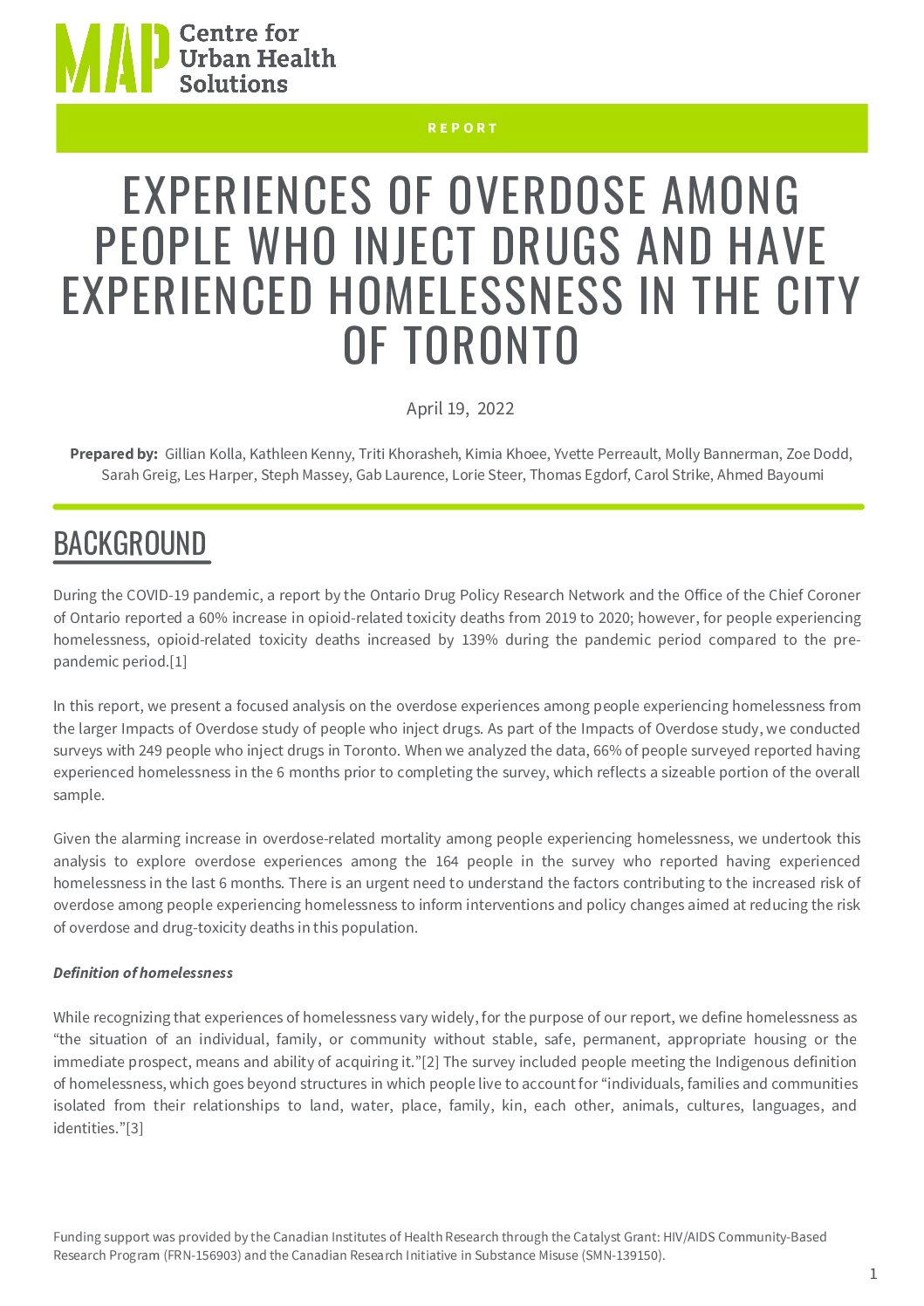 Experiences of Overdose Among People Who Inject Drugs and Have Experienced Homelessness in the City of Toronto