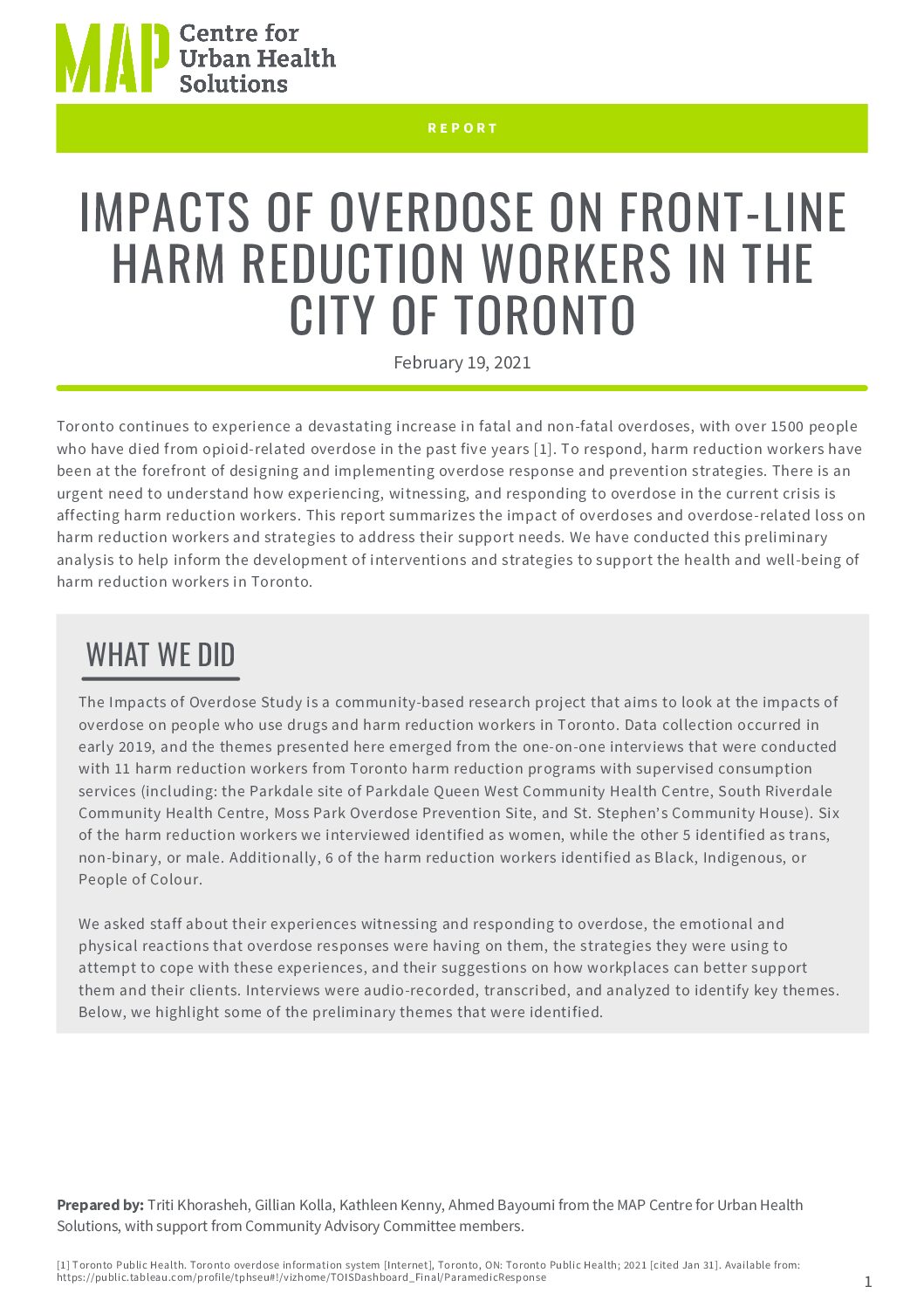 Impacts of Overdose on Front-line Harm Reduction Workers in the City of Toronto