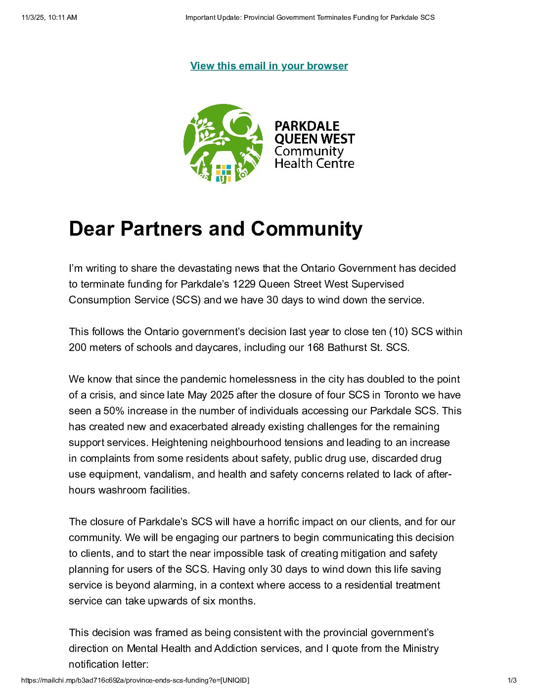 Important Update Provincial Government Terminates Funding for Parkdale SCS