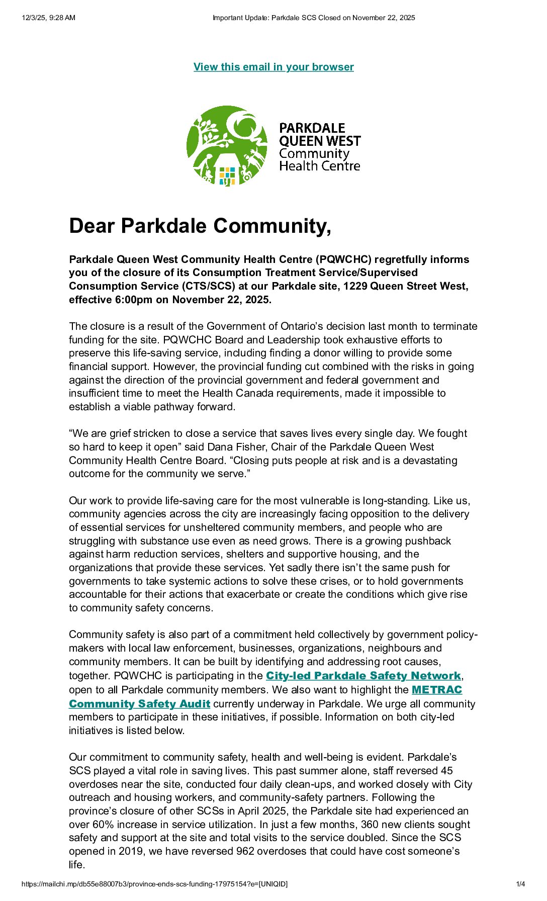 Important Update: Parkdale SCS Closed on November 22, 2025