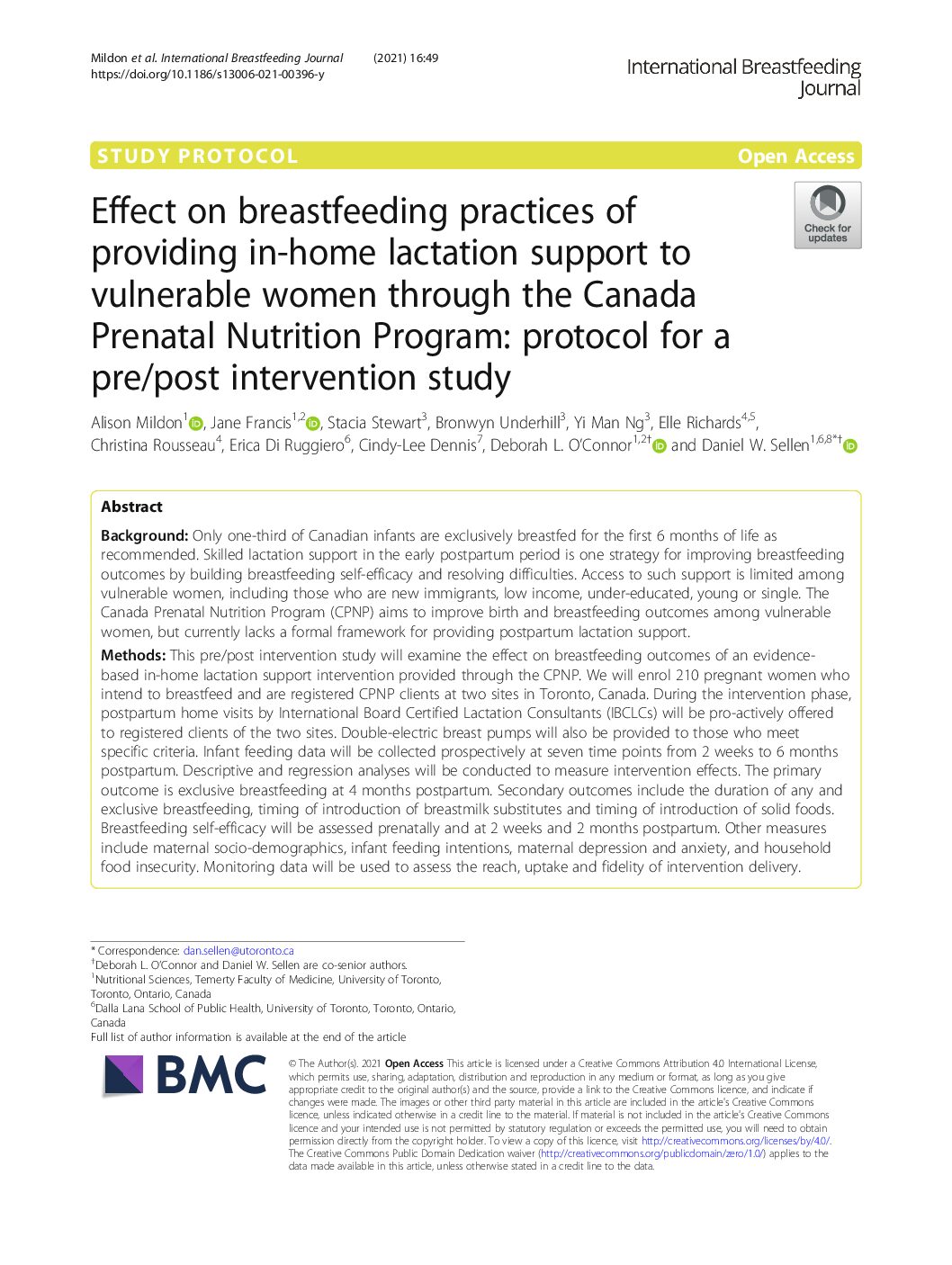 Effect on breastfeeding practices of providing in-home lactation support to vulnerable women through the Canada Prenatal Nutrition Program: protocol for a pre/post intervention study