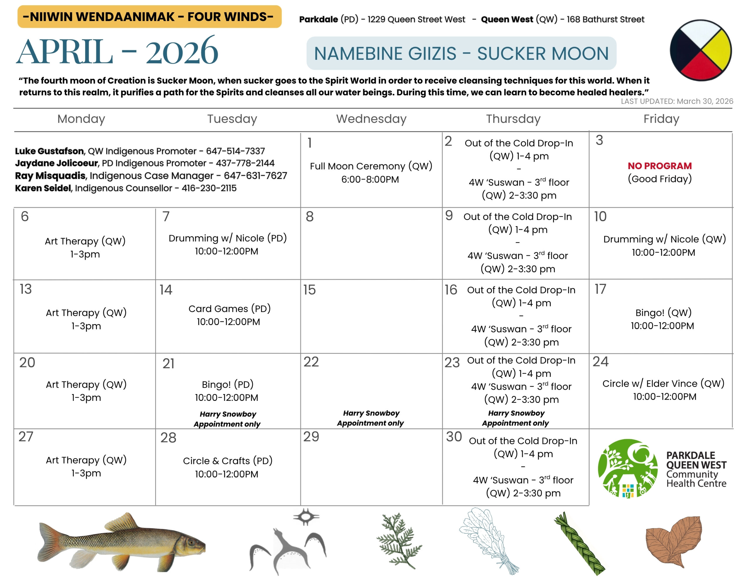 Niiwin Wendaanimak Program Monthly Calendar April 2026