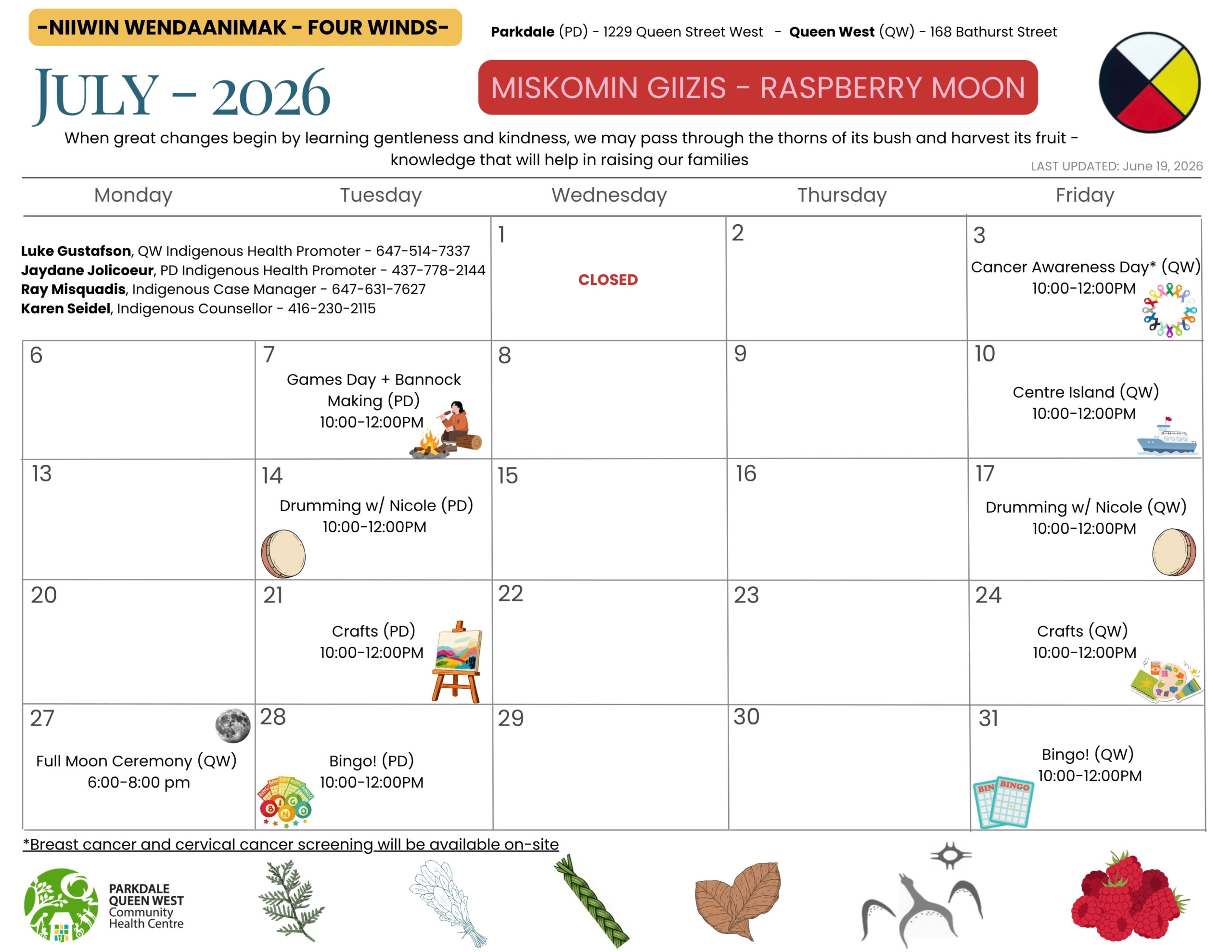 Niiwin Wendaanimak (Four Winds) Program Monthly Calendar July 2026