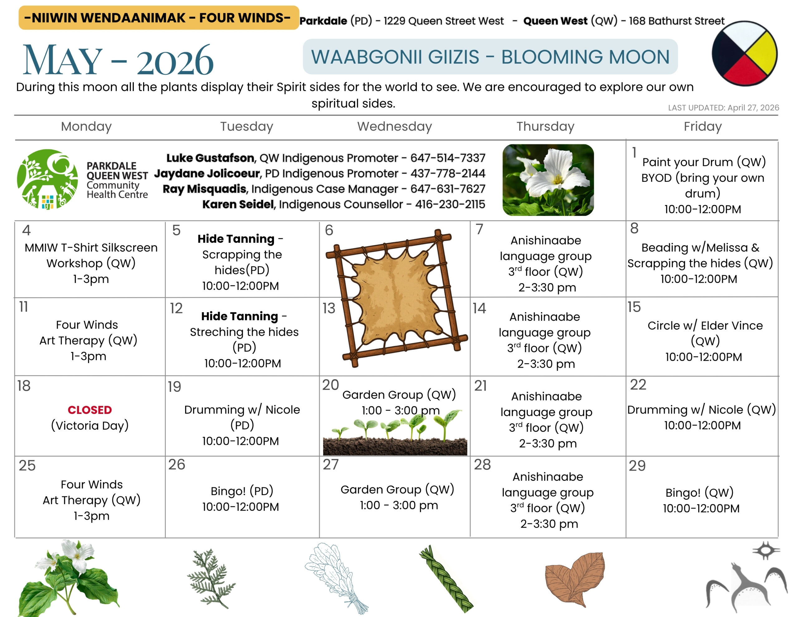 Niiwin Wendaanimak (Four Winds) Program Monthly Calendar May 2026
