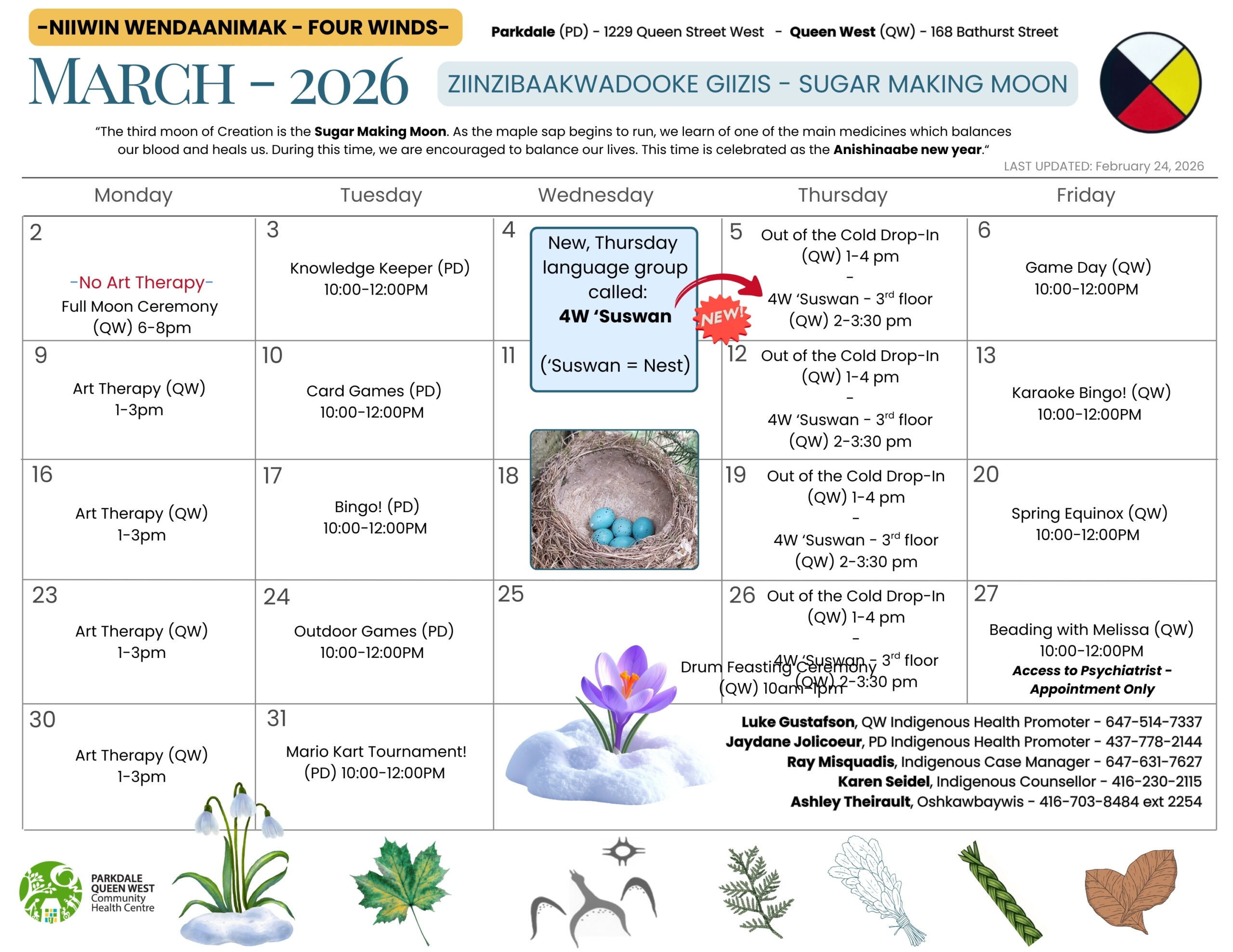 Niiwin Wendaanimak Program Monthly Calendar March 2026