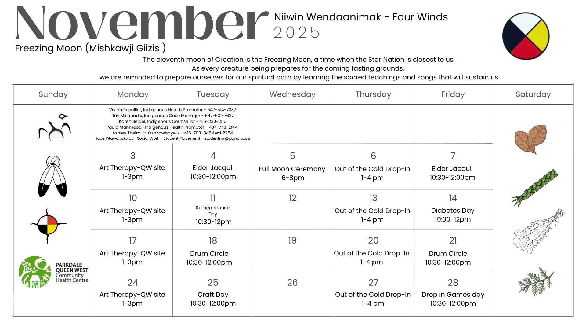 Niiwin Wendaanimak Program Monthly Calendar