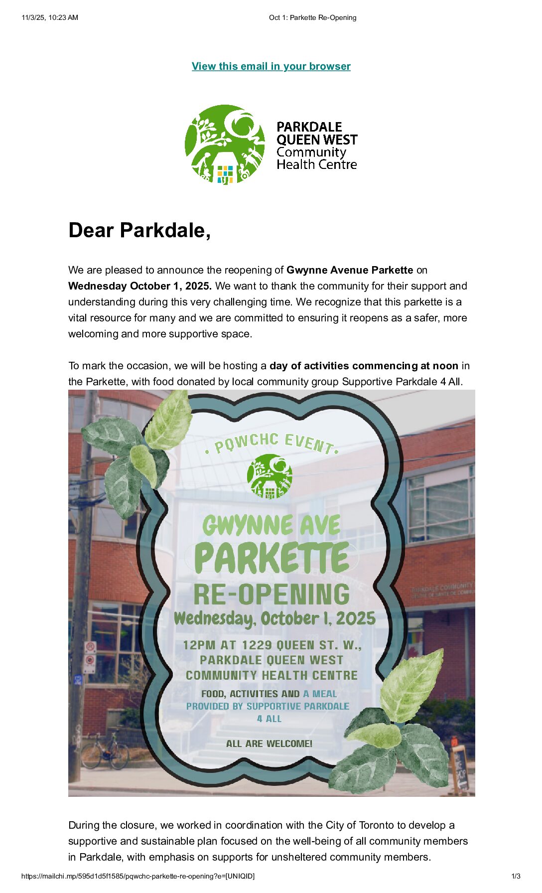 Oct 1 Parkette Re-Opening