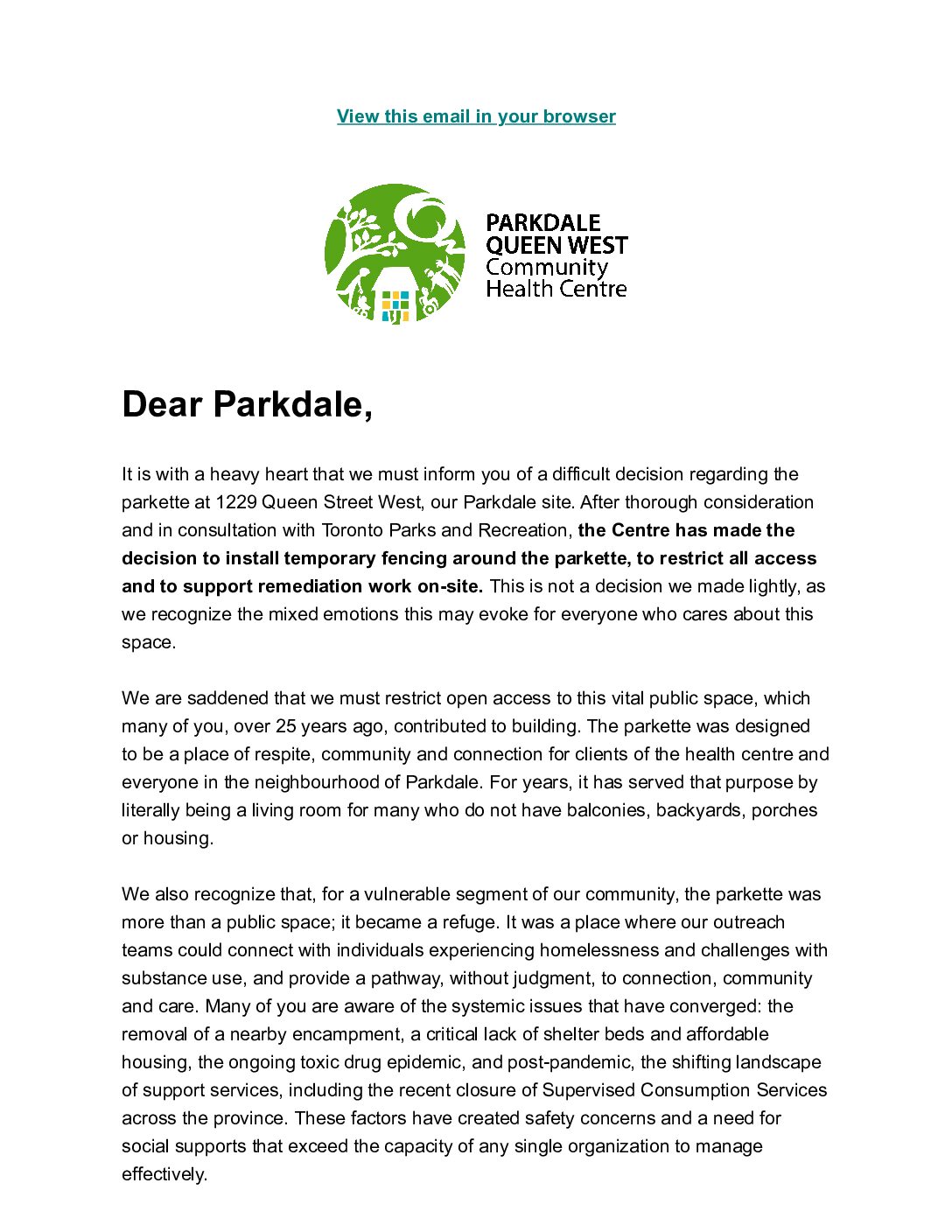 Parkdale Parkette Temporary Closure