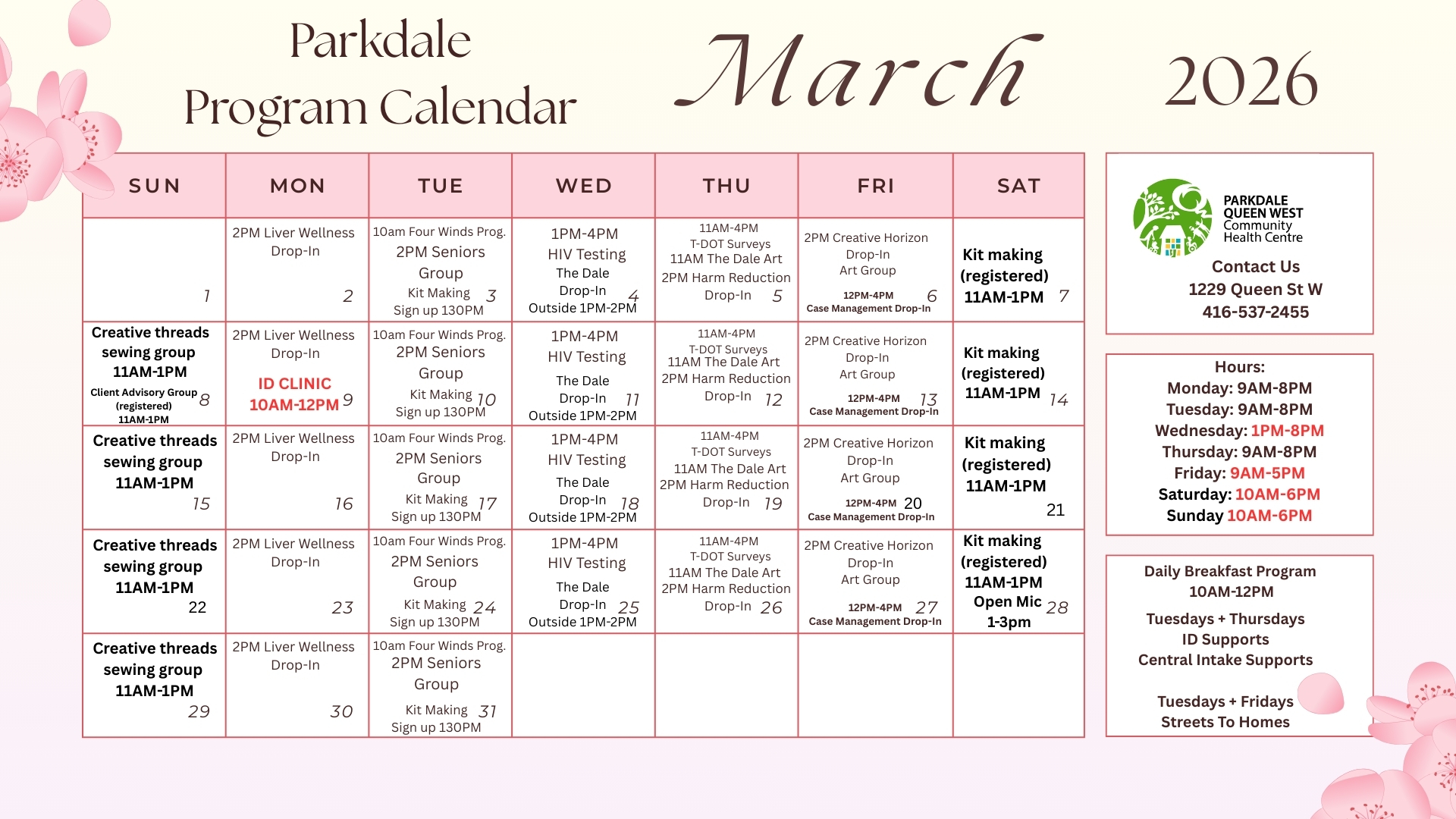 Parkdale Program Calendar March 2026