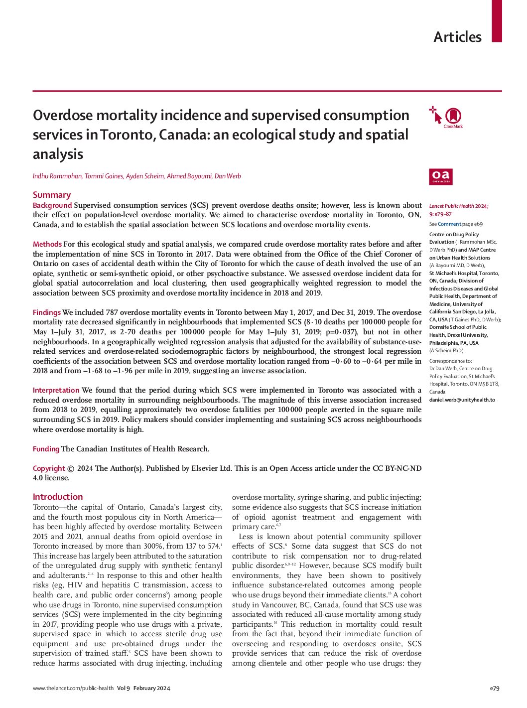 Overdose mortality incidence and supervised consumption services in Toronto, Canada: an ecological study and spatial analysis