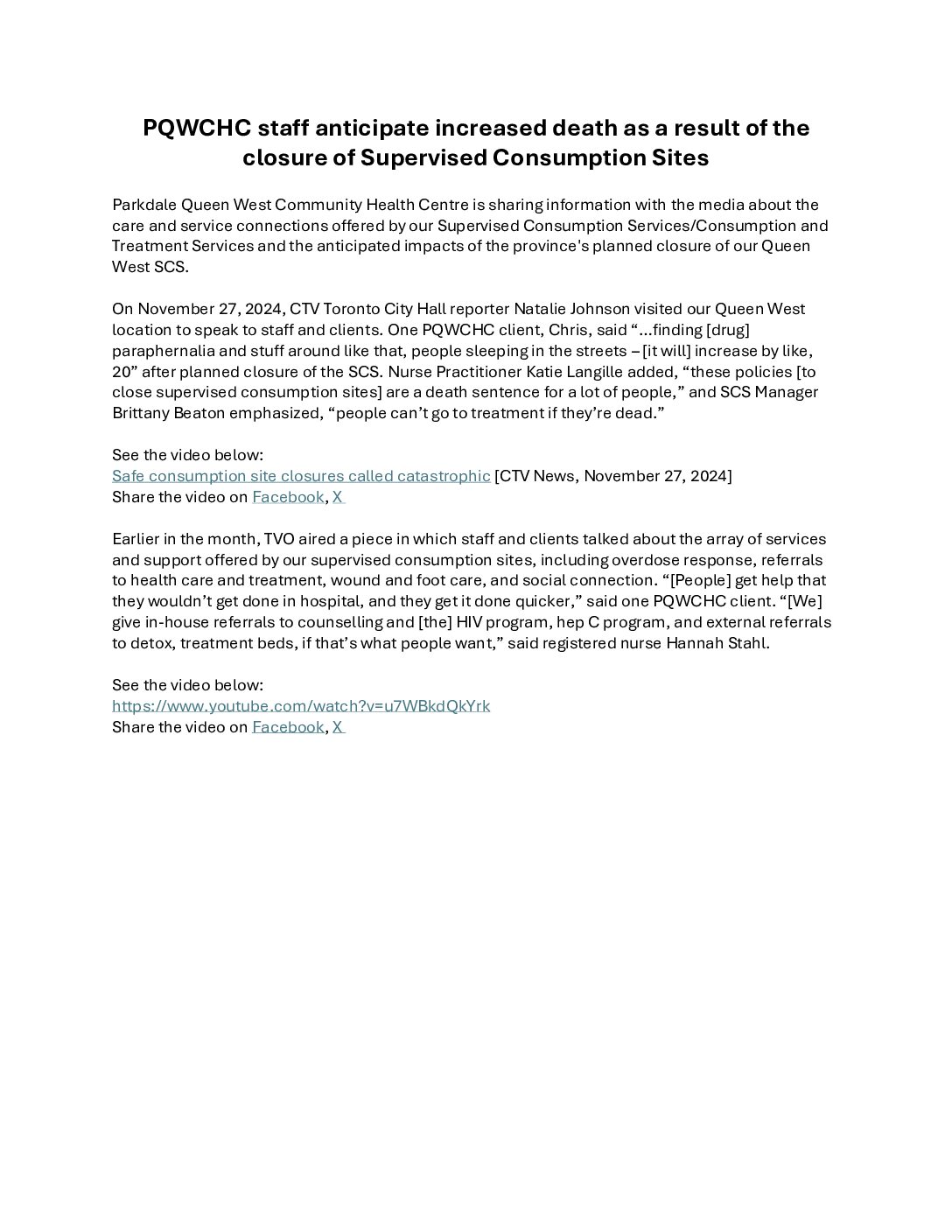 PQWCHC staff anticipate increased death as a result of the closure of Supervised Consumption Sites