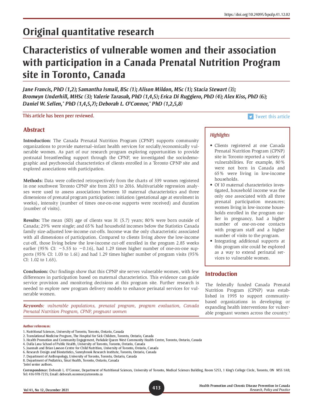 Characteristics of vulnerable women and their association with participation in a Canada Prenatal Nutrition Program site in Toronto, Canada