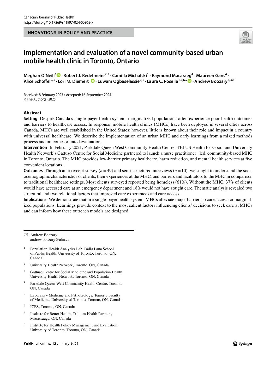 Implementation and evaluation of a novel community‑based urban mobile health clinic in Toronto, Ontario